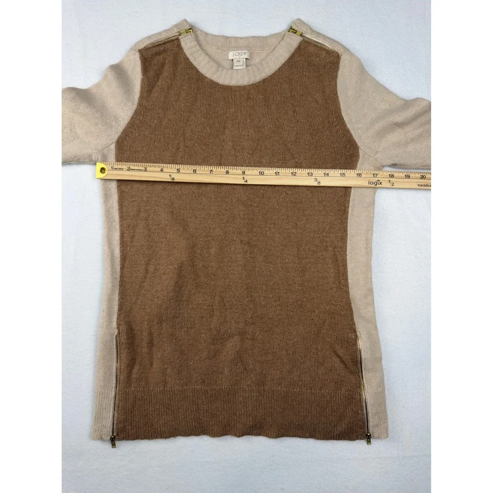 J.Crew Womens XS Colorblock Merino Wool Blend Zipper Accent Sweater Brown Tan